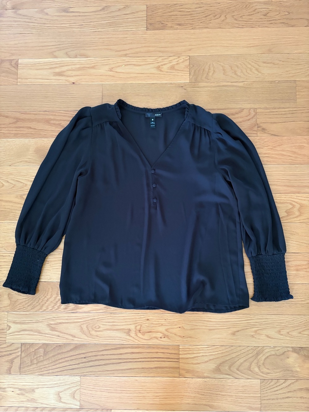 Aqua Black V-Neck Blouse with Smocked Cuffs and Button Placket